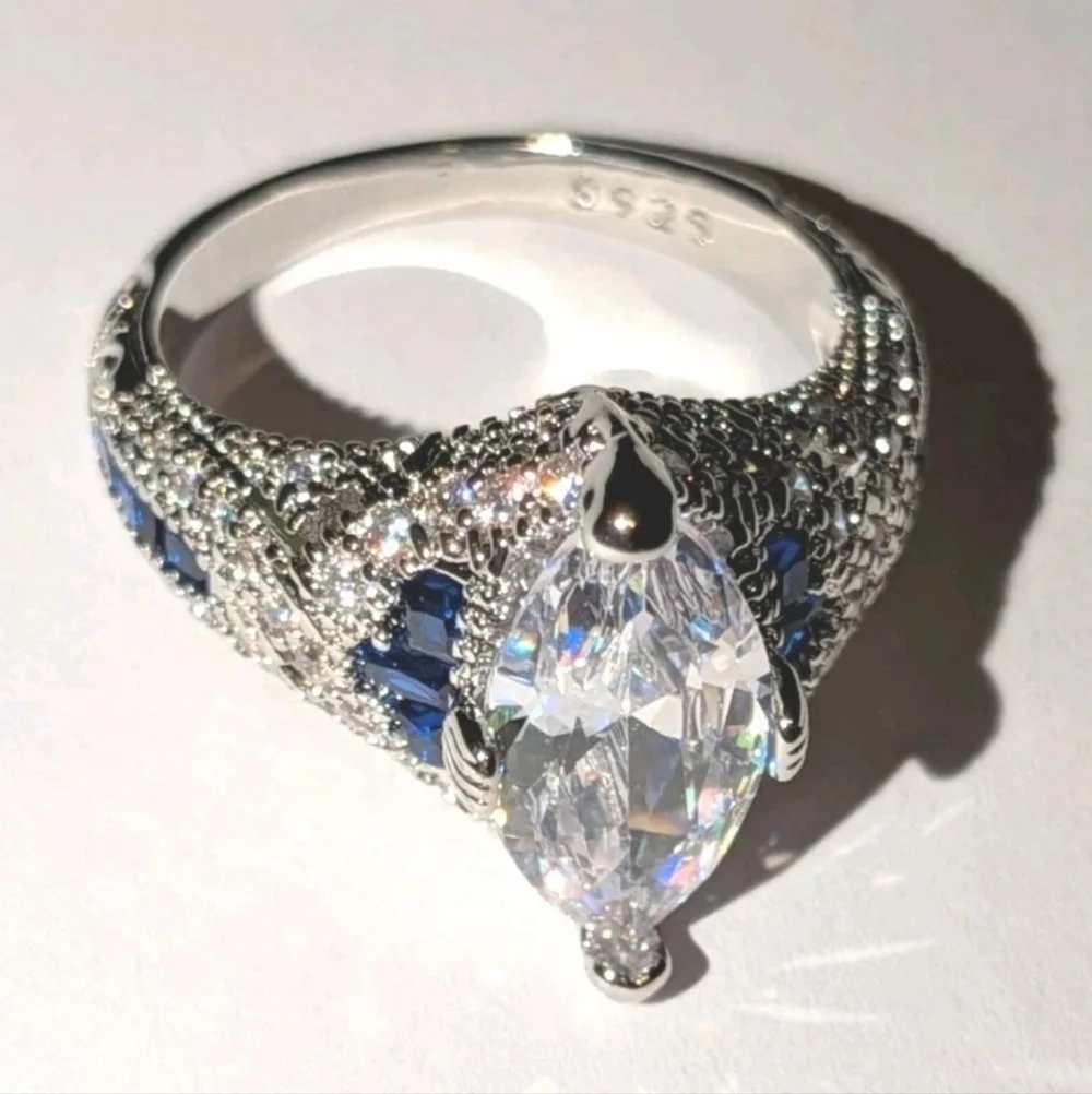 Ladie's 5ct Marquise White Cubic Zirconia Engagement Ring With Sapphire Accents